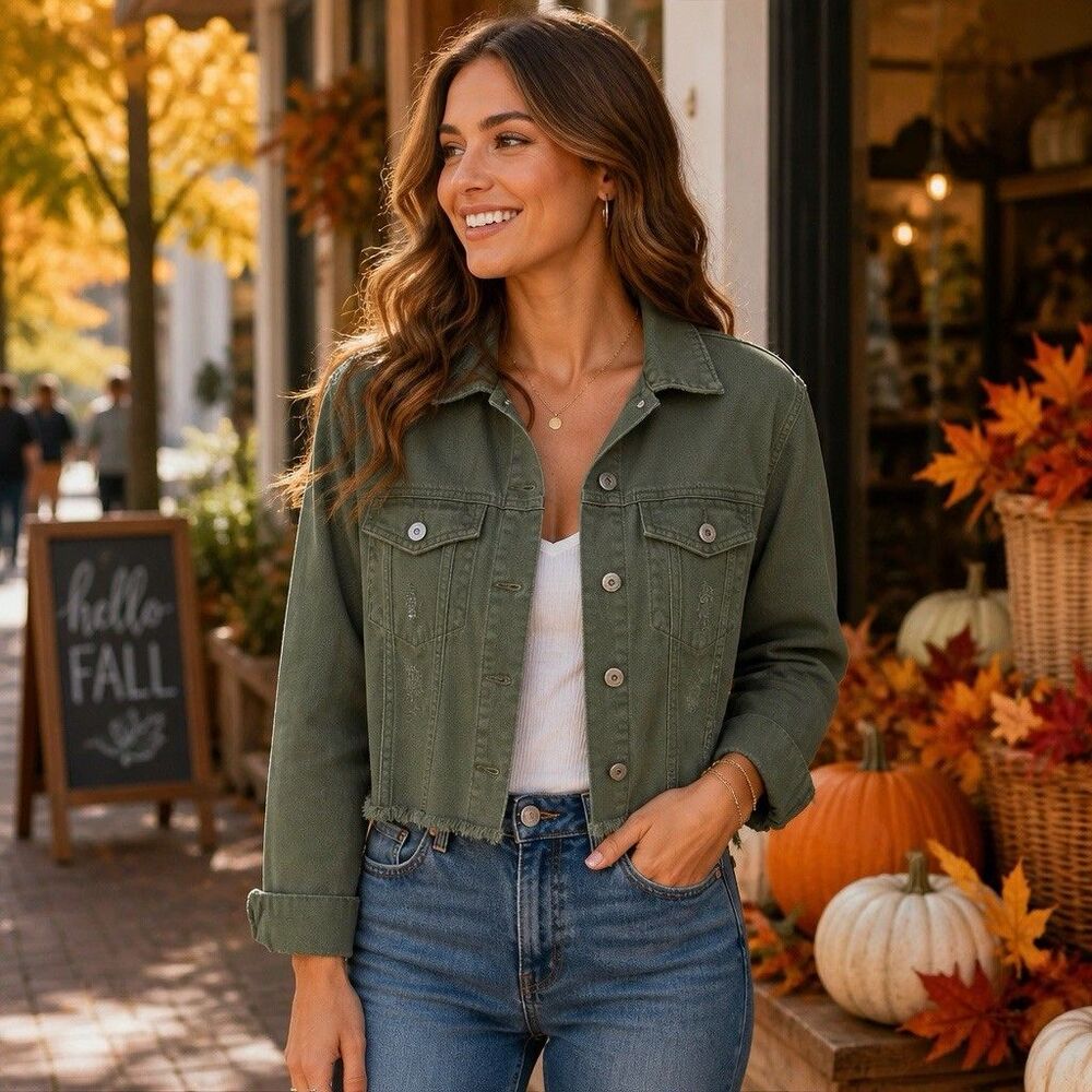 Luvamia Size Small Green Distressed Denim Jacket Raw Hem NWT Casual Boho